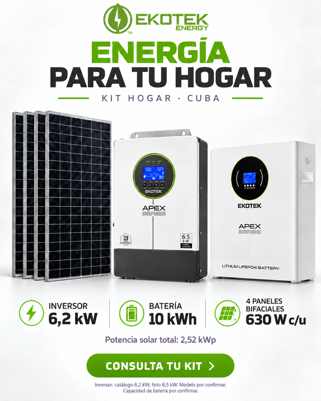 Kit Hogar Ekotek: Inversor híbrido APEX 6,2 kW, Batería de litio 10 kWh, 4 paneles bifaciales de 630 W