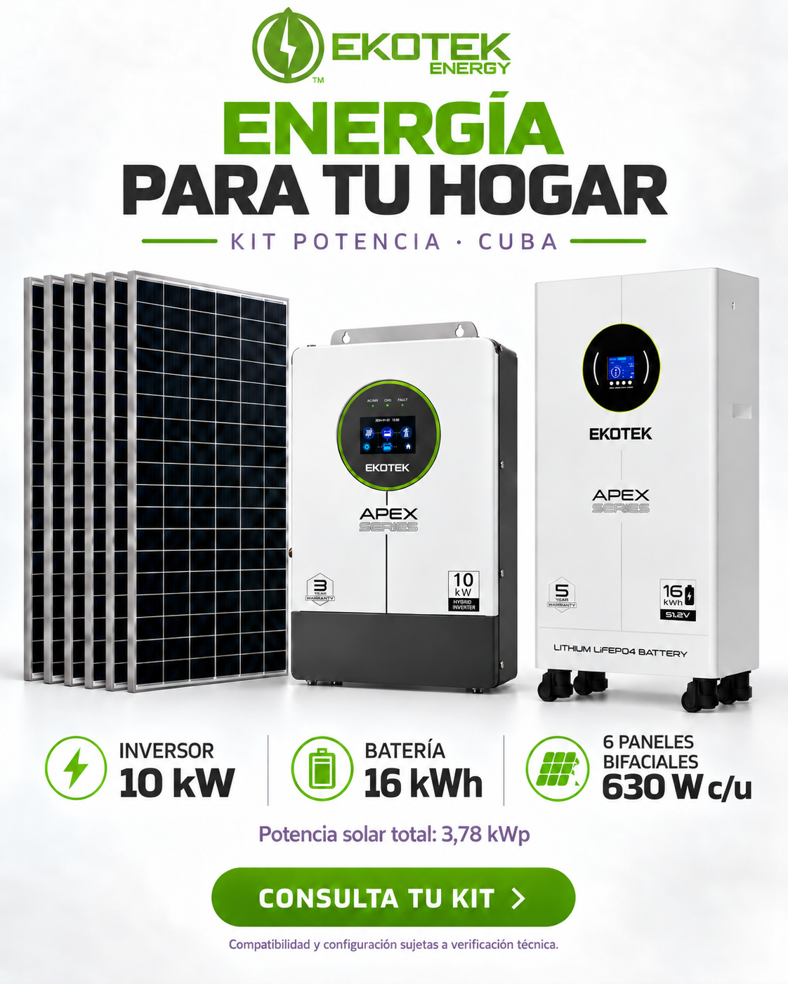 Kit Potencia Ekotek: Inversor híbrido APEX 10 kW, Batería de litio 16 kWh / 51,2 V, 6 paneles bifaciales de 630 W