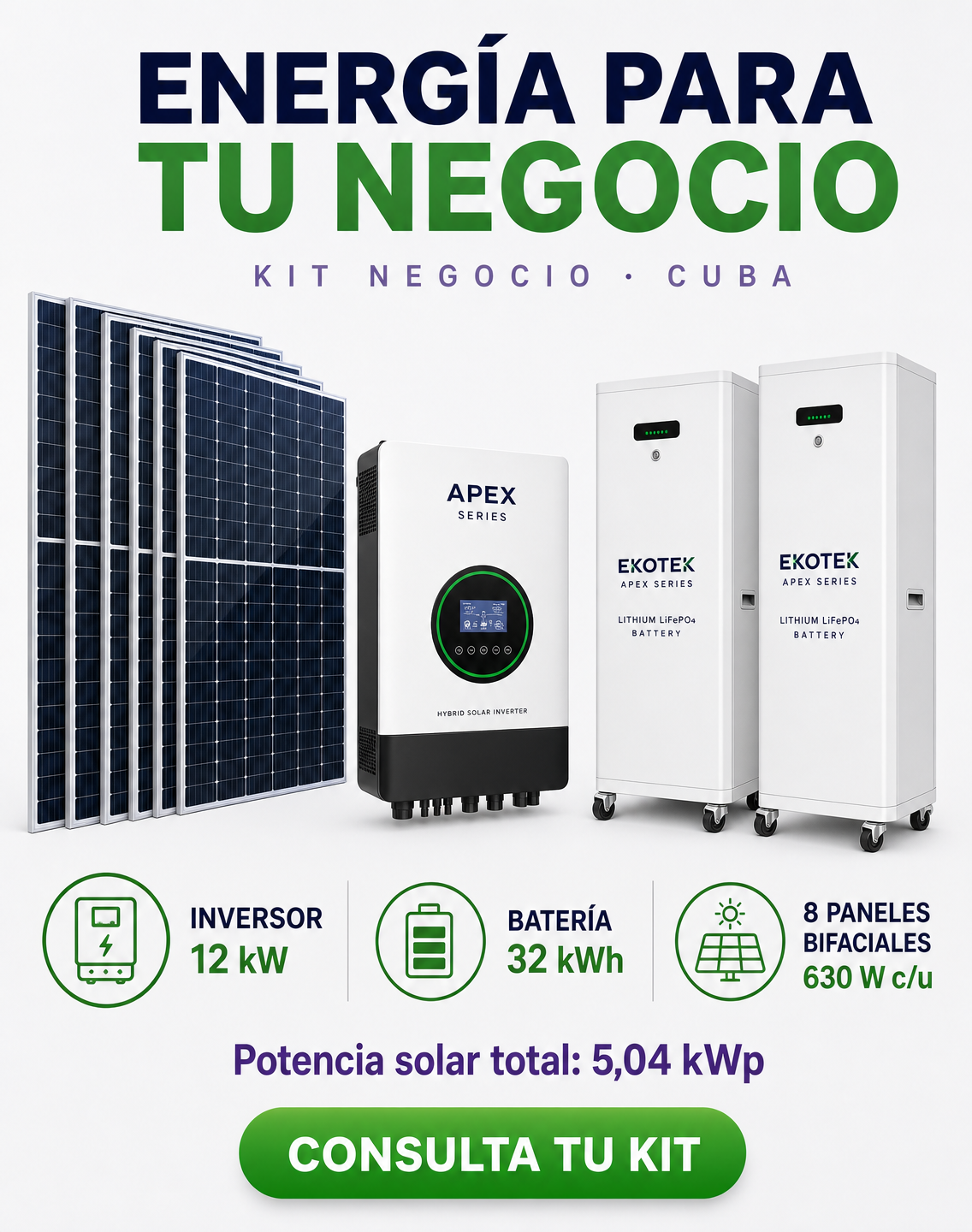 Kit Negocio Ekotek: Inversor híbrido APEX 12 kW, Baterías de litio 32 kWh (2 × 16 kWh / 51,2 V), 8 paneles bifaciales de 630 W