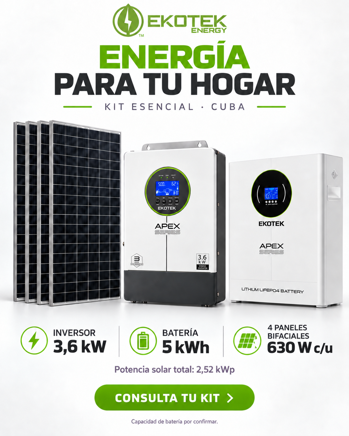 Kit Esencial Ekotek: Inversor híbrido APEX 3,6 kW, Batería de litio 5 kWh, 4 paneles bifaciales de 630 W